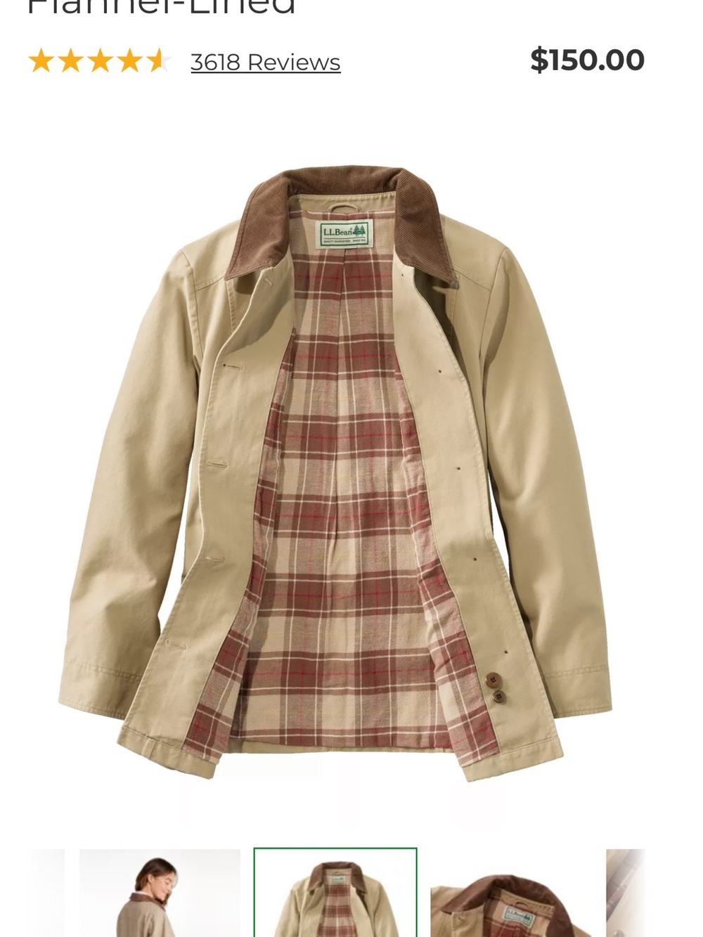 L.L. Bean Women's Tan Canvas Utility Jacket with Brown Corduroy Collar - Picture 2 of 13